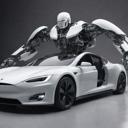 An awe-inspiring depiction of a Tesla car transforming into an advanced mecha. It maintains its sleek electric car design aesthetic while incorporating complex robotic elements.