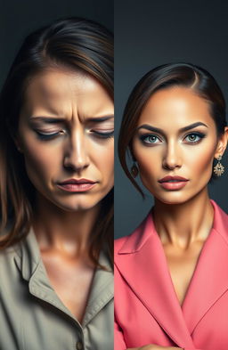 Two faces divided by a line; on one side, a sad and depressed woman, appearing as if she has lost someone, with tears in her eyes, wearing soft, muted colors to reflect her sorrow