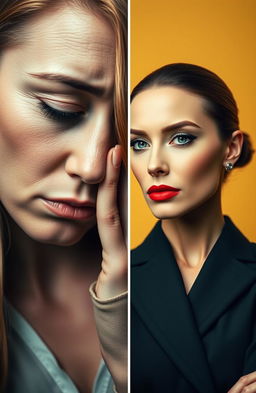 Two faces divided by a line; on one side, a sad and depressed woman, appearing as if she has lost someone, with tears in her eyes, wearing soft, muted colors to reflect her sorrow