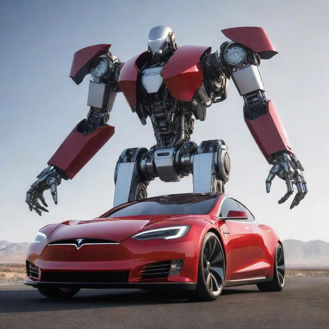 An awe-inspiring depiction of a Tesla car transforming into an advanced mecha. It maintains its sleek electric car design aesthetic while incorporating complex robotic elements.