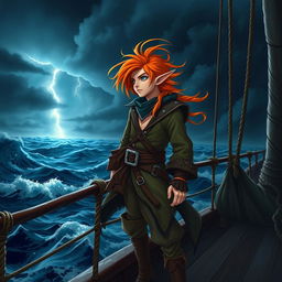 A male elf with vibrant orange hair, dressed as a pirate, standing bravely on the deck of a ship during a dark, stormy night