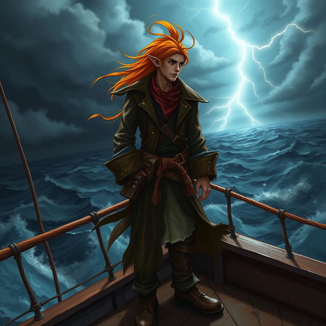 A male elf with vibrant orange hair, dressed as a pirate, standing bravely on the deck of a ship during a dark, stormy night