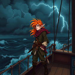 A male elf with vibrant orange hair, dressed as a pirate, standing bravely on the deck of a ship during a dark, stormy night