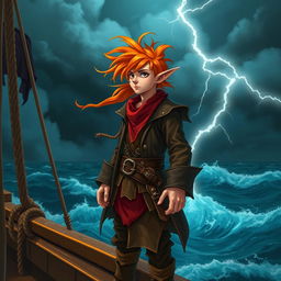 A male elf with vibrant orange hair, dressed as a pirate, standing bravely on the deck of a ship during a dark, stormy night