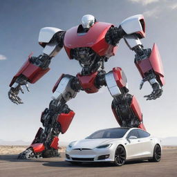 An awe-inspiring depiction of a Tesla car transforming into an advanced mecha. It maintains its sleek electric car design aesthetic while incorporating complex robotic elements.