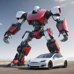 An awe-inspiring depiction of a Tesla car transforming into an advanced mecha. It maintains its sleek electric car design aesthetic while incorporating complex robotic elements.