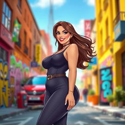 A well-endowed female character with curvy proportions, wearing a stylish and form-fitting outfit that highlights her features