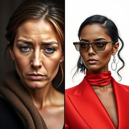 Two faces that complement each other, divided by a line; on one side, a sad and depressed woman, appearing as if she has lost someone, with a mournful expression, softly illuminated, her attire in muted and somber colors