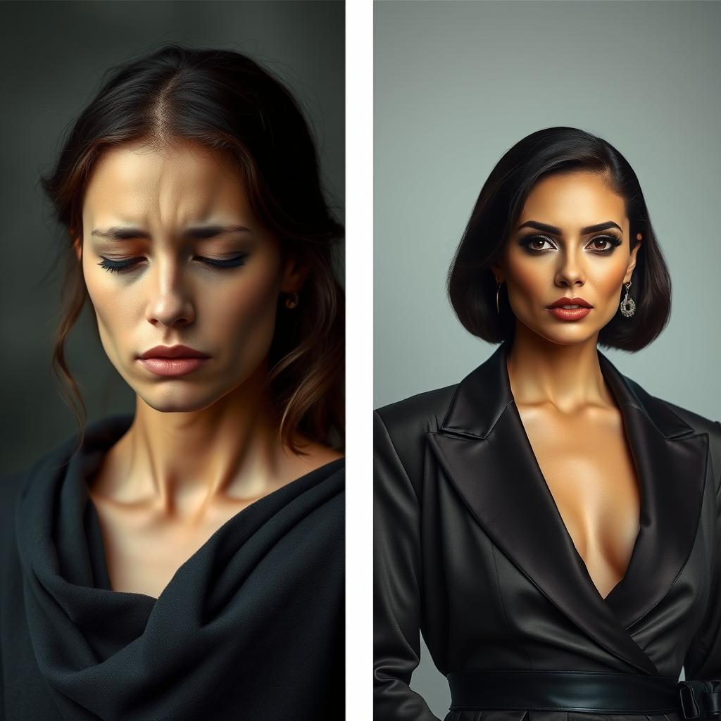 Two faces that complement each other, divided by a line; on one side, a sad and depressed woman, appearing as if she has lost someone, with a mournful expression, softly illuminated, her attire in muted and somber colors