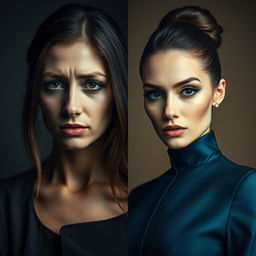 Two faces that complement each other, divided by a line; on one side, a sad and depressed woman, appearing as if she has lost someone, with a mournful expression, softly illuminated, her attire in muted and somber colors