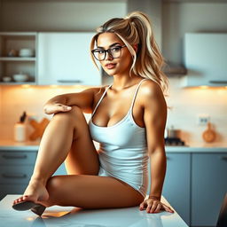 A stunning curvy blonde woman with her hair styled in a sleek ponytail, wearing fashionable glasses and a chic white top