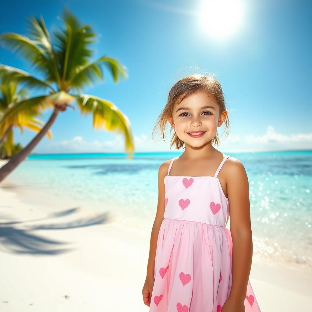 A cheerful 10-year-old girl with light brown hair and dark brown eyes, wearing a charming pink dress adorned with hearts