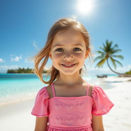 A cheerful 10-year-old girl with light brown hair and dark brown eyes, wearing a charming pink dress adorned with hearts