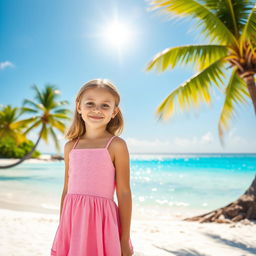 A cheerful 10-year-old girl with light brown hair and dark brown eyes, wearing a charming pink dress adorned with hearts
