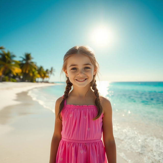 A cheerful 10-year-old girl with light brown hair and dark brown eyes, wearing a charming pink dress adorned with hearts