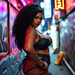 A confident and expressive travesti character with striking features and bold makeup, posing in an eye-catching outfit that accentuates their voluptuous curves