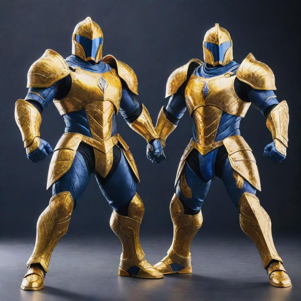 Two heroic figures clad in shining armors, one in vibrant yellow and the other in rich blue. They are striking dynamic poses in a battle-ready stance, embodying bravery and unity.