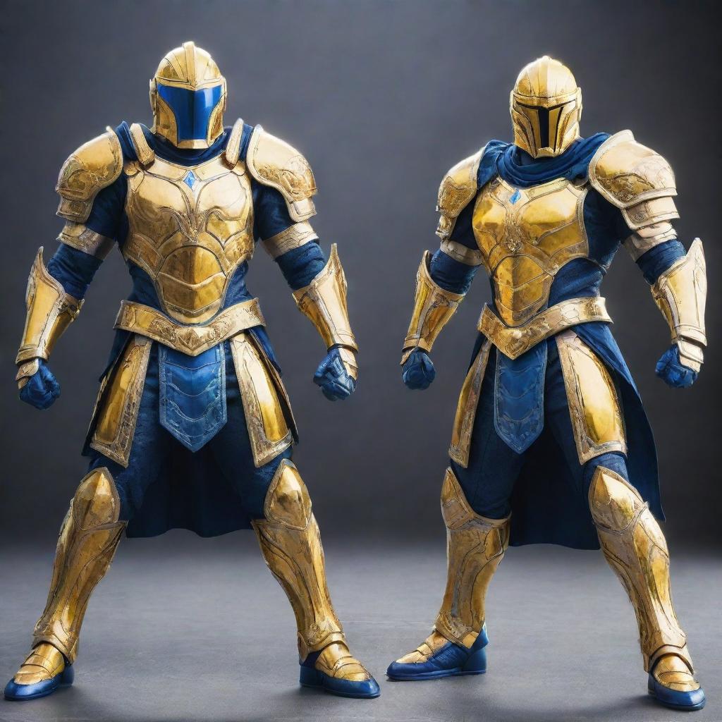 Two heroic figures clad in shining armors, one in vibrant yellow and the other in rich blue. They are striking dynamic poses in a battle-ready stance, embodying bravery and unity.