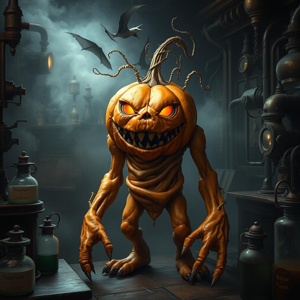 A sinister flesh golem resembling a grotesque pumpkin monster, crafted with twisted flesh and pumpkin motifs, embodies evil with glowing eyes and a wicked grin