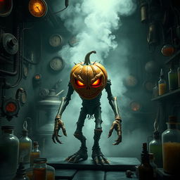 A sinister flesh golem resembling a grotesque pumpkin monster, crafted with twisted flesh and pumpkin motifs, embodies evil with glowing eyes and a wicked grin