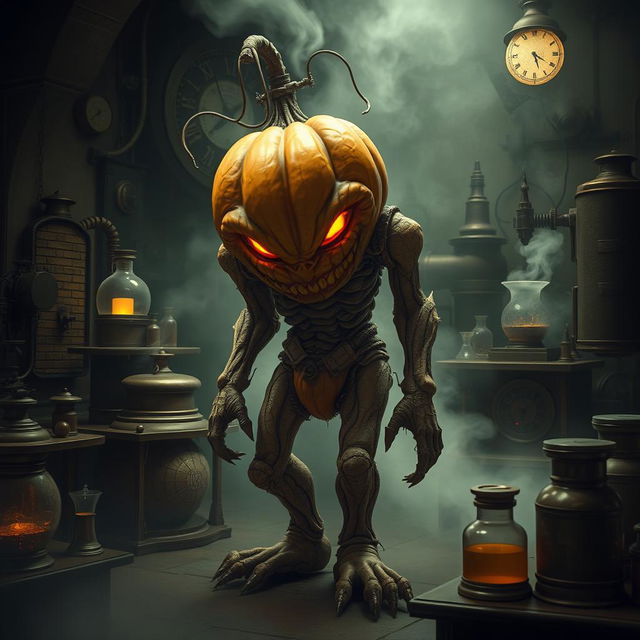 A sinister flesh golem resembling a grotesque pumpkin monster, crafted with twisted flesh and pumpkin motifs, embodies evil with glowing eyes and a wicked grin