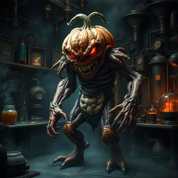 A sinister flesh golem resembling a grotesque pumpkin monster, crafted with twisted flesh and pumpkin motifs, embodies evil with glowing eyes and a wicked grin