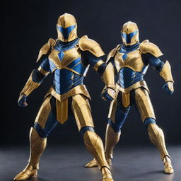 Two heroic figures clad in shining armors, one in vibrant yellow and the other in rich blue. They are striking dynamic poses in a battle-ready stance, embodying bravery and unity.