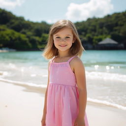 A beautiful scene featuring a 10-year-old girl with light brown medium-length hair and dark brown eyes, wearing a charming pink dress adorned with hearts