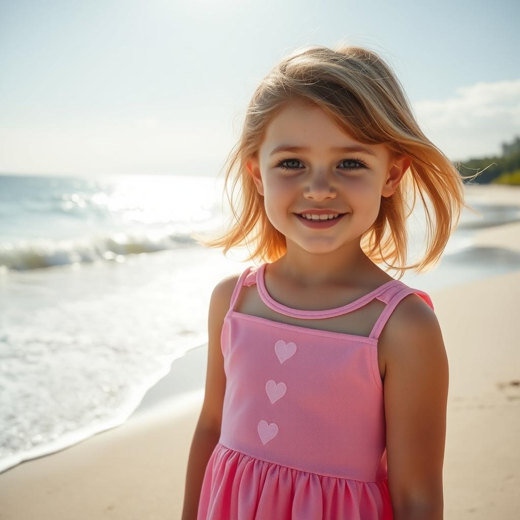 A beautiful scene featuring a 10-year-old girl with light brown medium-length hair and dark brown eyes, wearing a charming pink dress adorned with hearts