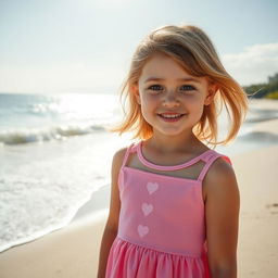 A beautiful scene featuring a 10-year-old girl with light brown medium-length hair and dark brown eyes, wearing a charming pink dress adorned with hearts