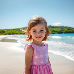 A beautiful scene featuring a 10-year-old girl with light brown medium-length hair and dark brown eyes, wearing a charming pink dress adorned with hearts
