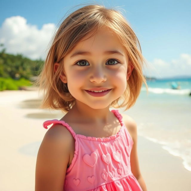 A beautiful scene featuring a 10-year-old girl with light brown medium-length hair and dark brown eyes, wearing a charming pink dress adorned with hearts