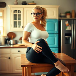 An analogue photo capturing a beautiful curvy blonde woman with her hair elegantly pulled back in a ponytail, wearing stylish glasses, a white top, and form-fitting black leggings