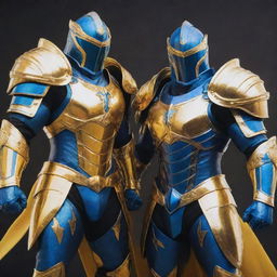 Two heroic figures clad in shining armors, one in vibrant yellow and the other in rich blue. They are striking dynamic poses in a battle-ready stance, embodying bravery and unity.