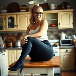 An analogue photo capturing a beautiful curvy blonde woman with her hair elegantly pulled back in a ponytail, wearing stylish glasses, a white top, and form-fitting black leggings
