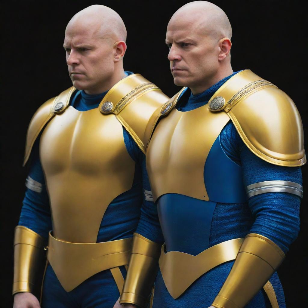 Two bald heroes, one in vibrant yellow armor and the other in deep blue armor. They exude power and courage as they prepare for battle, their bald heads reflecting the light dramatically.