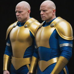 Two bald heroes, one in vibrant yellow armor and the other in deep blue armor. They exude power and courage as they prepare for battle, their bald heads reflecting the light dramatically.