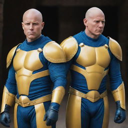 Two bald heroes, one in vibrant yellow armor and the other in deep blue armor. They exude power and courage as they prepare for battle, their bald heads reflecting the light dramatically.