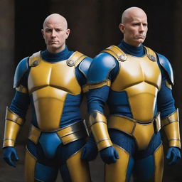 Two bald heroes, one in vibrant yellow armor and the other in deep blue armor. They exude power and courage as they prepare for battle, their bald heads reflecting the light dramatically.