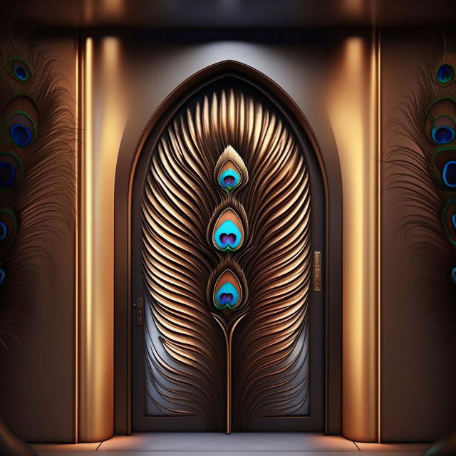 A modern-style house main door, beautifully designed with a peacock feather motif. The design should appear organically created, not AI-generated, in a high-resolution 8K image