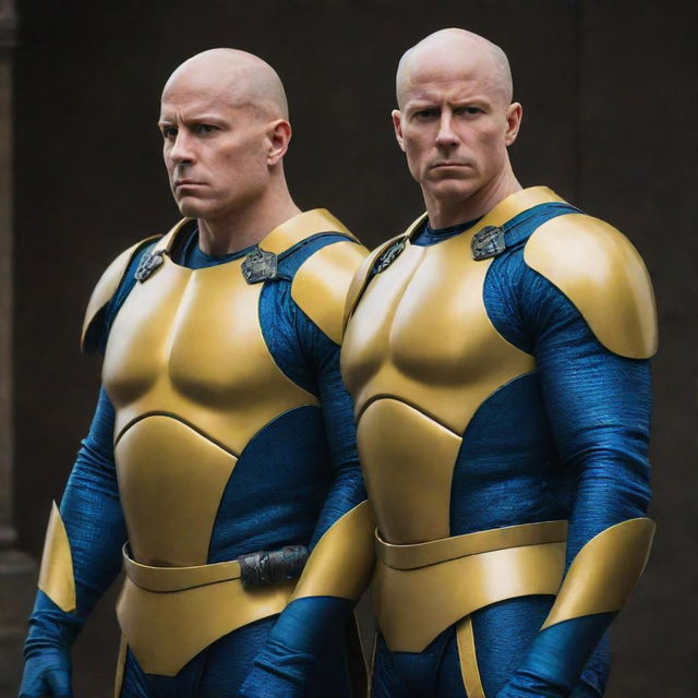 Two bald heroes, one in vibrant yellow armor and the other in deep blue armor. They exude power and courage as they prepare for battle, their bald heads reflecting the light dramatically.