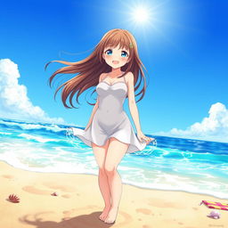 A beautiful anime girl with flowing hair, standing on a sandy beach
