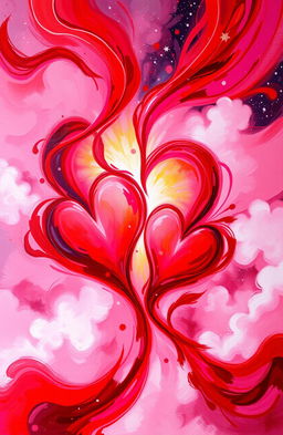 An abstract representation of love, featuring vibrant reds and pinks swirling together to create a passionate, dynamic composition