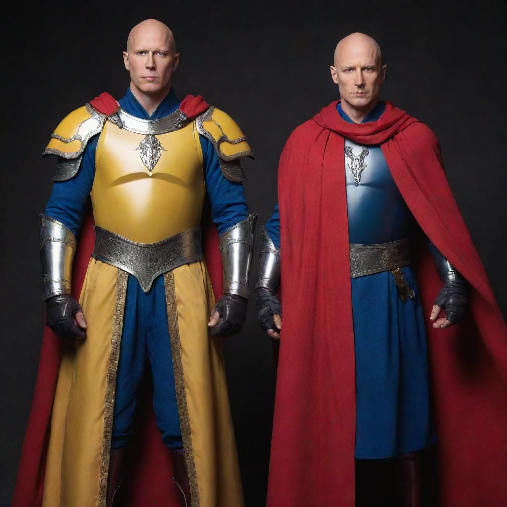 Two bald heroes, one wearing vibrant yellow armor and the other in deep blue armor with a billowing red robe. They stand confidently, ready to face any adversity, their heads gleaming under the light.