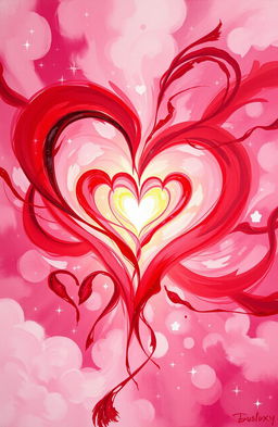 An abstract representation of love, featuring vibrant reds and pinks swirling together to create a passionate, dynamic composition