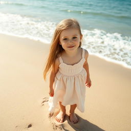 A delightful scene depicting a 10-year-old girl with pale skin and long light brown hair, dark brown eyes, and wearing a lovely pale pink dress