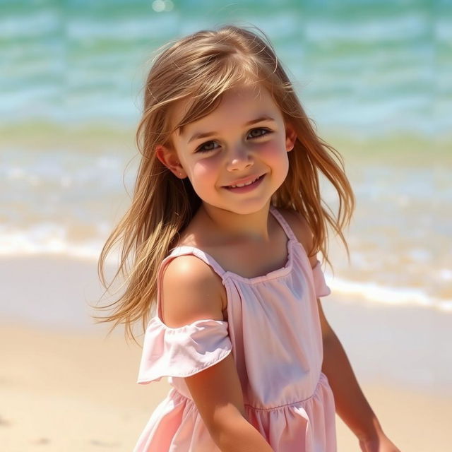 A delightful scene depicting a 10-year-old girl with pale skin and long light brown hair, dark brown eyes, and wearing a lovely pale pink dress