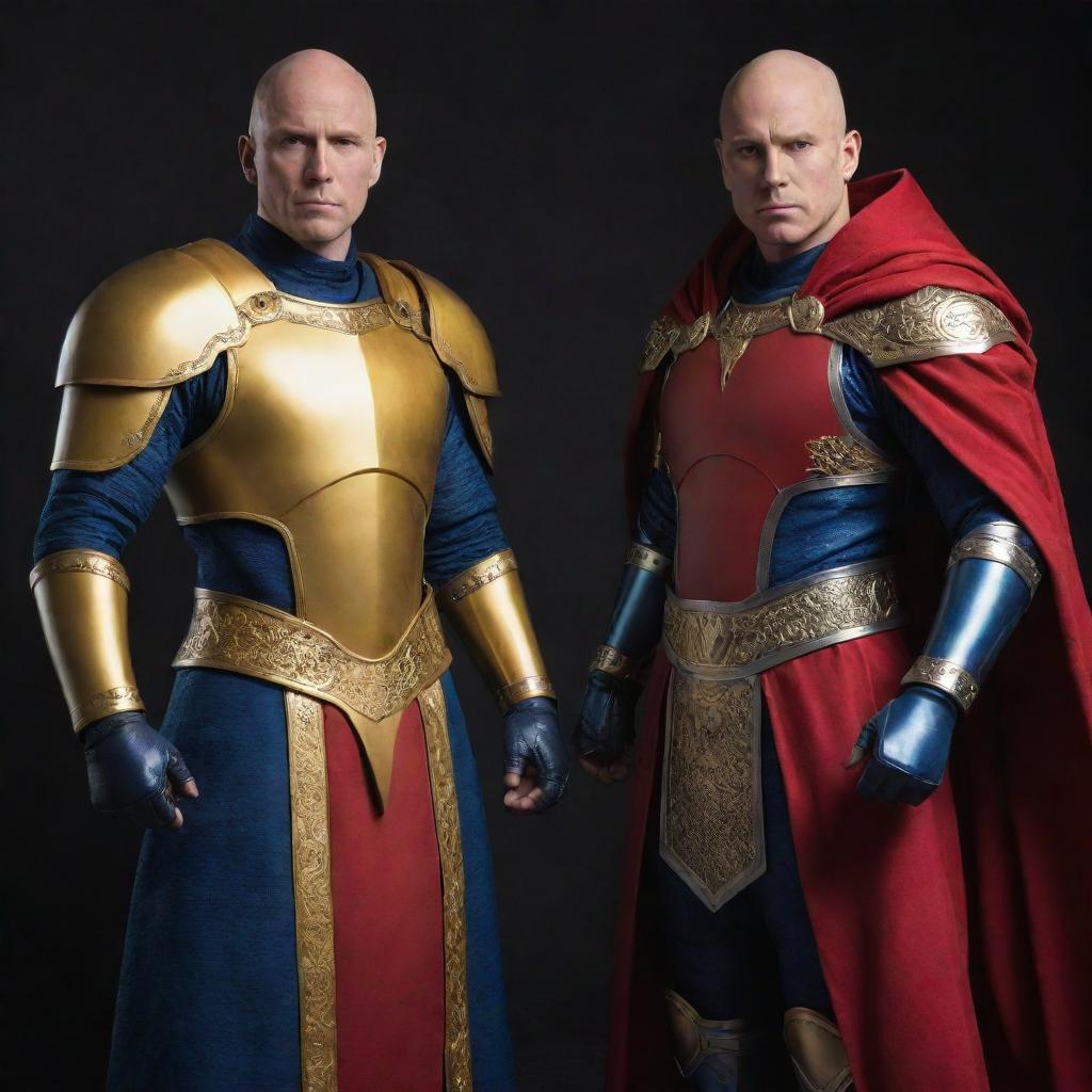 Two bald heroes, one wearing vibrant yellow armor and the other in deep blue armor with a billowing red robe. They stand confidently, ready to face any adversity, their heads gleaming under the light.