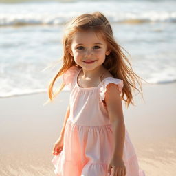 A delightful scene depicting a 10-year-old girl with pale skin and long light brown hair, dark brown eyes, and wearing a lovely pale pink dress