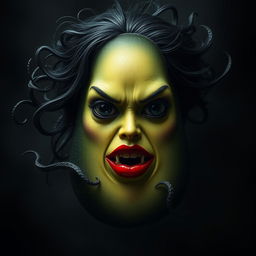 A sinister and highly realistic feminine avocado with a glossy black skin and rich brown pulp visible inside